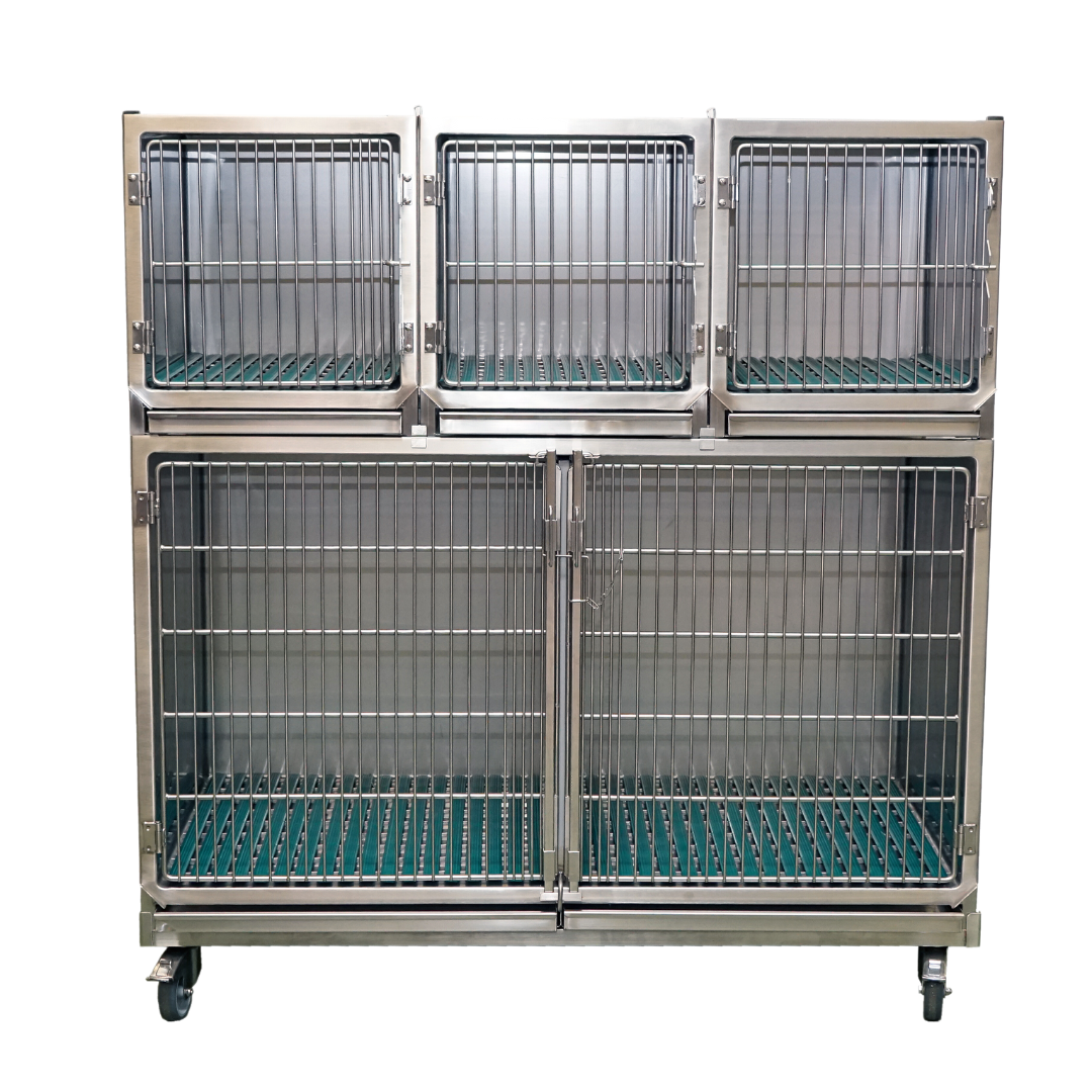 Set of 4 Stainless Steel Cages with Gratings on Wheeled Chassis (1C + 3A)